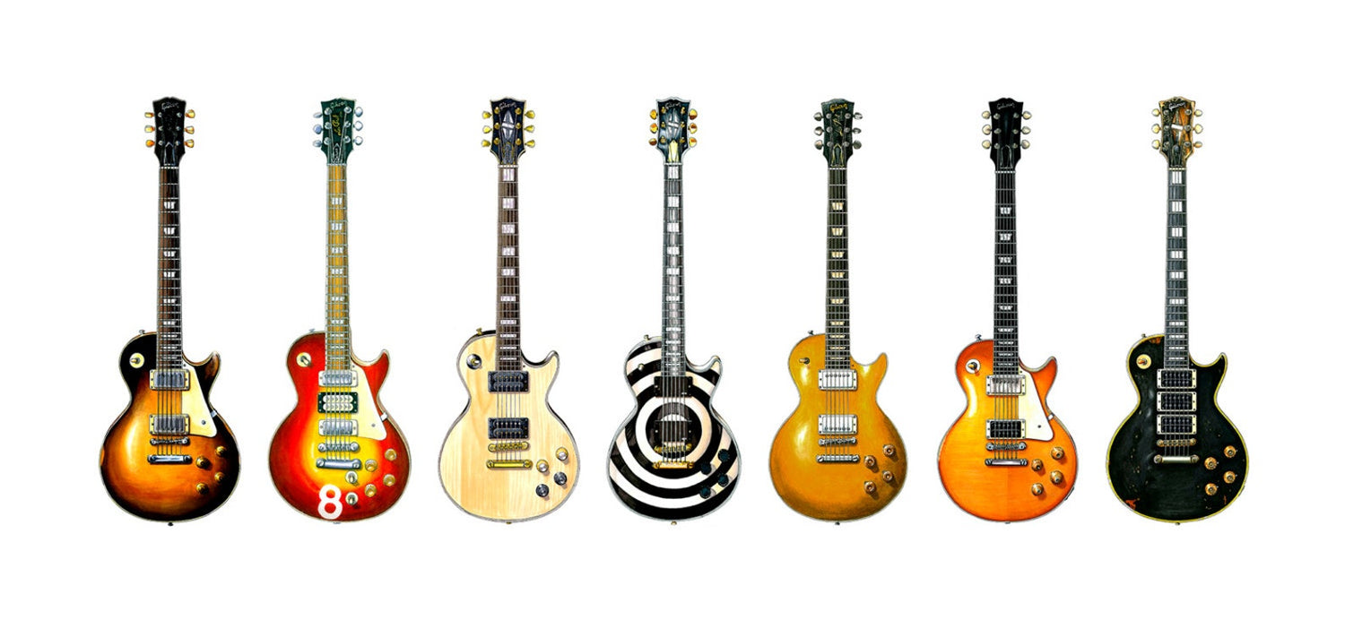 7 electric guitars in a line